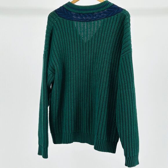 Vintage 90s Ivy Club Green Navy Cable Knit V-Neck Sweater - Picture 4 of 6